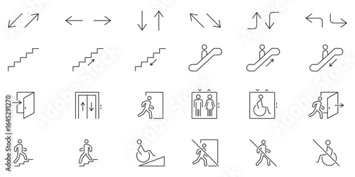 Directional And Accessibility Icons Set. Navigation, Movement and Accessibility Symbols Collection. Includes Arrows, Stairs, Escalators. Editable Stroke. Isolated Vector Illustration