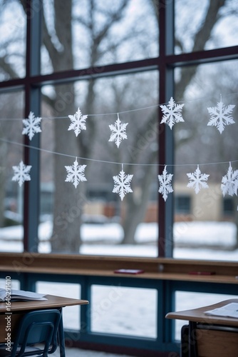 Wallpaper Mural Paper snowflakes hanging in classroom window with snowy trees outside Torontodigital.ca