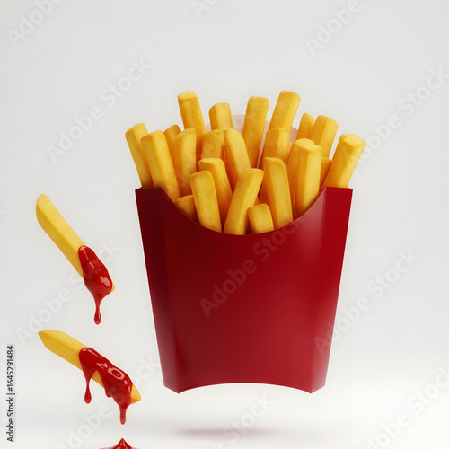 Delicious golden french fries with dripping ketchup in vibrant red container on a clean white backdrop