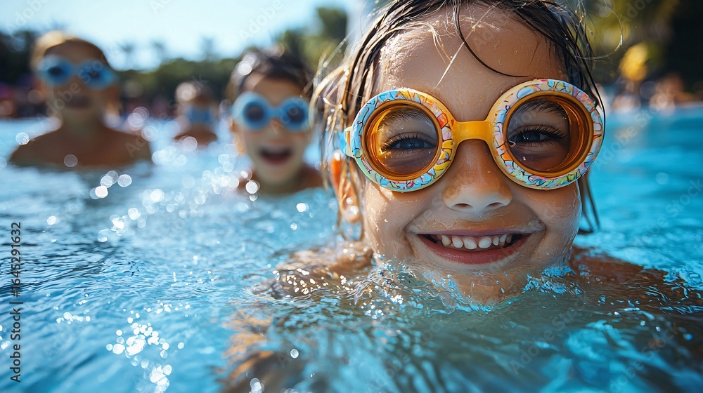 Fototapeta premium Happy Child in Swimming Pool With Colorful Goggles and Friends