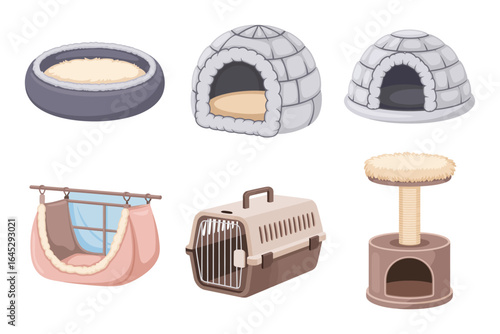 Pet carrier and cat tree icon set, round bed igloo shelter vector, hammock window perch illustration, pet furniture clipart, animal care elements