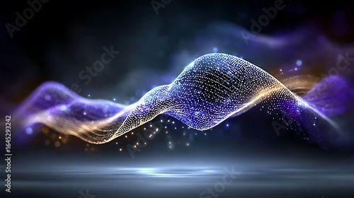 Digital waves in cool neon blues and purples, undulating across a black void with soft reflections