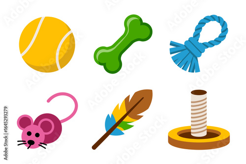 Dog and cat toy icons, tennis ball rope chew bone vector, mouse feather teaser illustration, scratching post clipart, pet play accessories