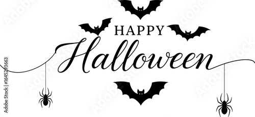Elegant Happy Halloween Design: Bats, Spiders, Cursive Script, White Background