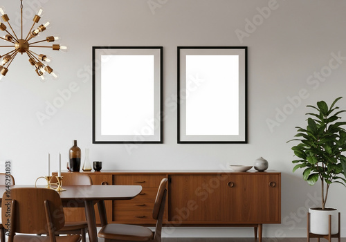 Stylish Mid-Century Modern Interior with Two Blank Picture Frames