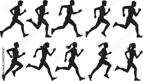 Running silhouette vector collection, men and women jogging, fitness workout poses, athletic sports training, black runner design, marathon sprint illustration set