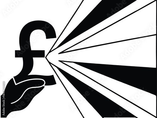 Silhouette symbol of the British pound sterling in hand against the background of the dawn, representing finance, economy, investment, growth, and hope in a modern minimalist style.