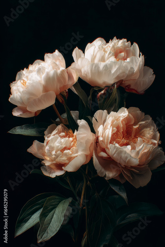 Floral arrangement featuring several delicate light peach colored peony blooms with dark green foliage.