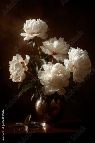 Elegant arrangement of white peonies in a metallic vase on a dark, textured surface.