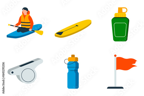 Kayak and canoe equipment icons, paddler life jacket flag water bottle whistle, summer recreation vector, sport gear illustration