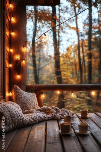 Cozy Autumn Morning on a Covered Porch With Warm Blankets and Soft Lighting.