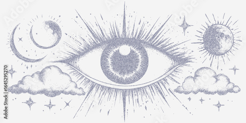 Mystical elements, eye, clouds and stars. Blurry ink form with dusty grain layer, rough stipple pattern and worn paper texture.