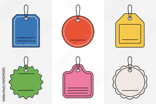 Hanging tag and swing label set, ribbon loop string tag vector, gift tag and packaging label, branding accessory illustration