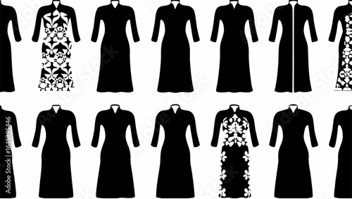 Illustration of multiple black abayas with varying designs and patterns on white background in a row format |  editable eps vectors silhouette
