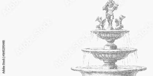 Vintage fountain. Simple ink shape with dusty grain and faint threshold edge. Soft grit and scattered speckle paper effect.