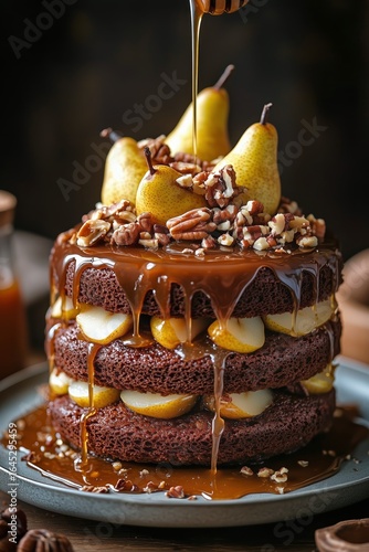 Delicious Chocolate Cake Topped With Caramel, Pears, and Nuts at a Dessert Ta...