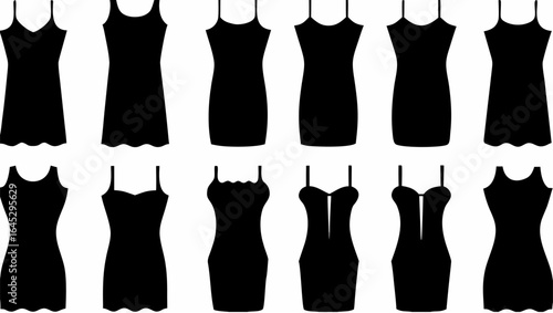 Silhouette collection of twelve different black dresses with various necklines and strap styles shown |  editable eps vectors