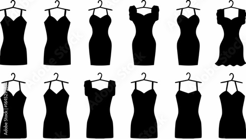 Collection of twelve black dresses hanging on hangers in a fashion display silhouette style image is shown |  editable eps vectors