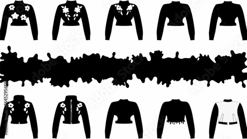 Illustration of ten black and white tops with a black ink blot across the center of the image area |  editable eps vectors silhouette