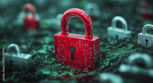 Digital Security Concept With Red Lock on Circuit Board Background Showcasing...