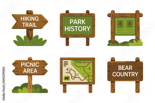 Park signpost icon set, hiking trail picnic area map board vector, outdoor wayfinding illustration, wooden sign clipart, nature park elements