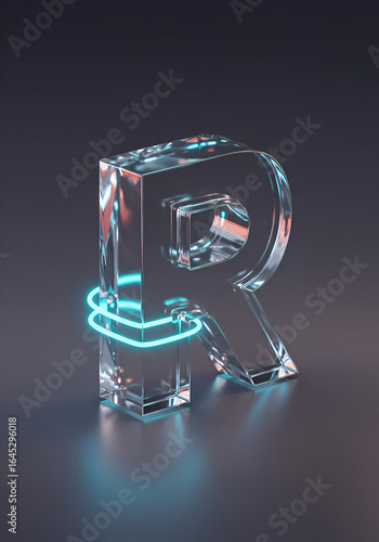 3D rendered capital letter R in transparent glass with neon blue light encircling it. Modern abstract design with dark gray background.