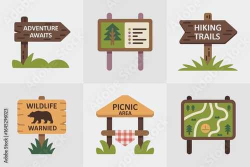 Adventure trail sign icons, hiking trail and picnic area vector, park direction board illustration, map post clipart, outdoor camping elements