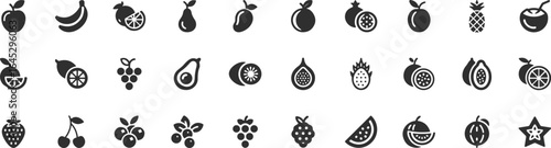 Collection of solid black fruit icons, apple, banana, orange, pear, mango, pomegranate, pineapple, coconut, grapes, avocado, kiwi, fig, dragon fruit, strawberry.