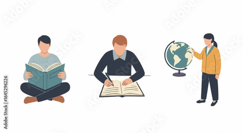 Diverse Students Engaged in Learning Activities, Study, Reading, Writing, and Exploring the World, Ideal for education and academic-related projects.