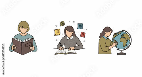 Set of Educational Illustrations Featuring Students Reading, Studying, and Exploring the World for Academic Projects and Learning Resources