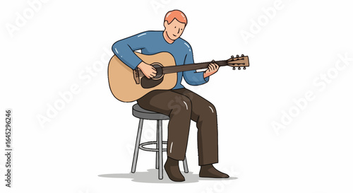 Man playing acoustic guitar on a stool illustration for music lessons, performance posters, or educational materials, showcasing musical talent and leisure activities.