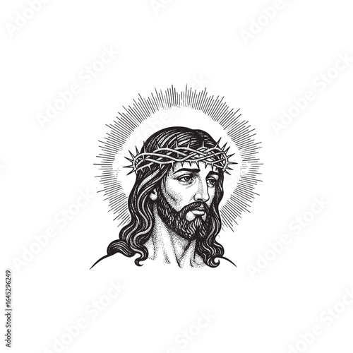 jesus christ with halo behind stipple art  grunge halftone vector 