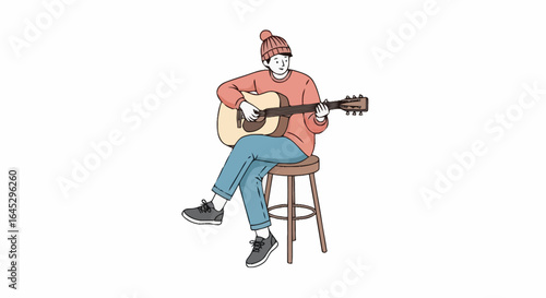 Minimalist Illustration of a Musician Playing Acoustic Guitar on a Stool for Music Education and Relaxation Content or Creative Artistic Projects
