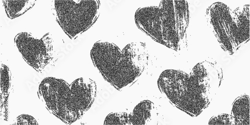Background with crayon hearts. Gritty shape with threshold grain dry stipple and paper dust. Distressed ink areas and subtle speckled noise blend into the background.