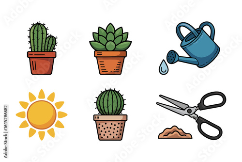 Indoor plant care icon set, watering can spray bottle shovel vector, pot plant pruning shear icons, home garden maintenance asset, greenery element