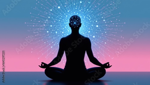 Minimalist digital art showing a silhouette meditating