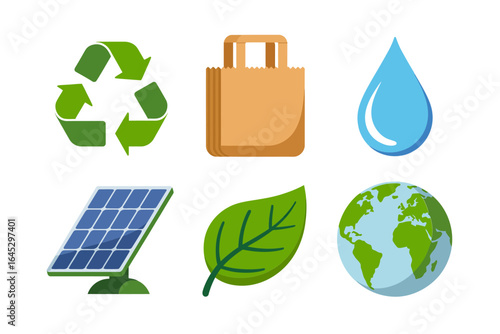 Green energy and recycle icons, eco bag solar panel water drop vector, leaf and planet earth illustration, sustainability clipart, nature design assets