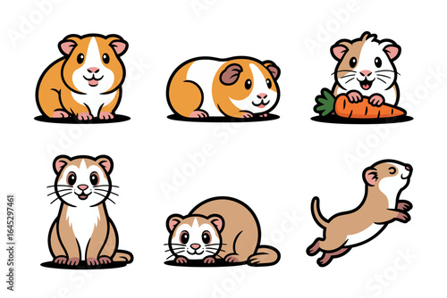 Hamster and ferret pet icons, small animal character vector, cute cartoon illustration, kid friendly clipart, pet shop design assets