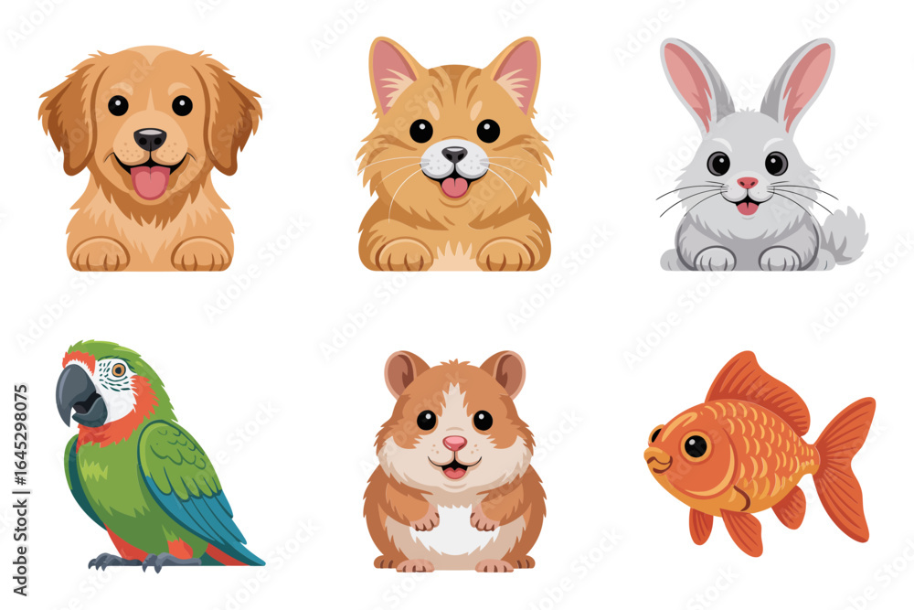 Naklejka premium Pet pals character icons, puppy kitten rabbit parrot hamster goldfish vector, friendly animal illustration, family pet clipart, children learning set