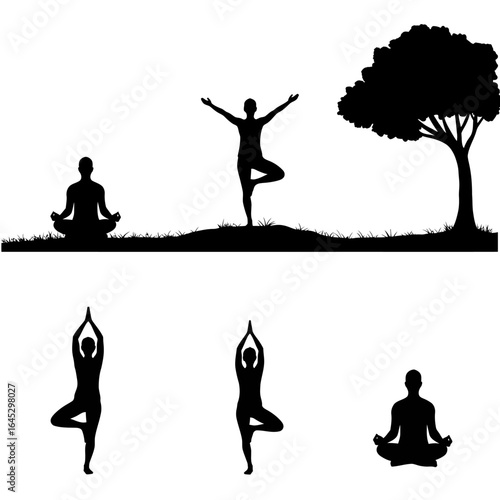 Yoga Poses Silhouette with Tree and Grass Landscape