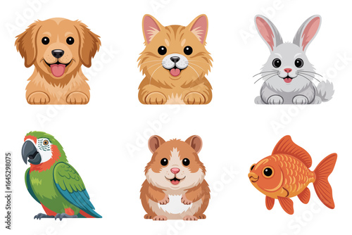 Pet pals character icons, puppy kitten rabbit parrot hamster goldfish vector, friendly animal illustration, family pet clipart, children learning set