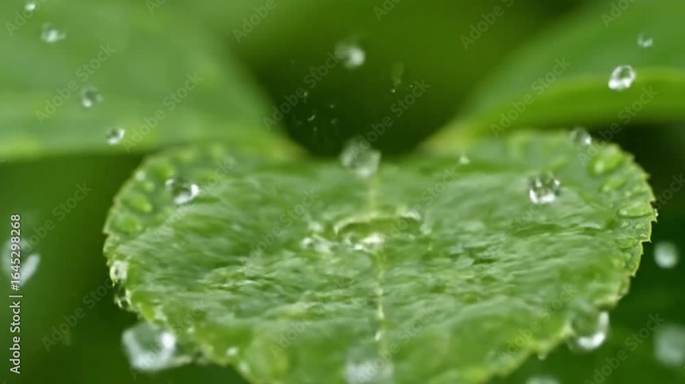 Clear water drop splashing on a green leaf, creating a liquid crown against a natural background. Clear water drop splashing on a green leaf, creating a liquid crown against a natural background.