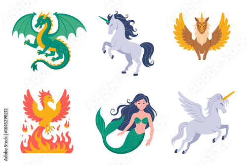 Mythical creature icon set, dragon unicorn phoenix mermaid pegasus vector, fantasy character illustration, magic creature clipart, fairy tale design
