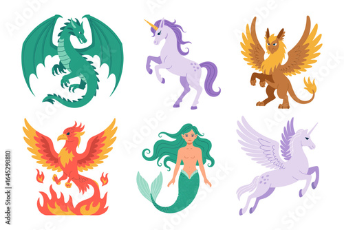 Mythic creature badge icons, dragon unicorn phoenix mermaid pegasus vector, fantasy emblem illustration, magic symbol clipart, decorative design set