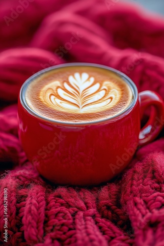 Warm Red Cup of Latte Art Resting on Cozy Knitted Blanket During Chilly Morning.