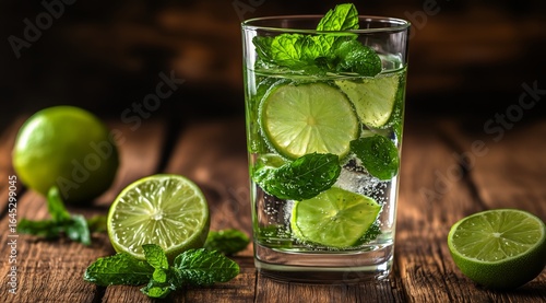 Refreshing Cocktail With Mint and Lime on Wooden Table During Summer Gathering.