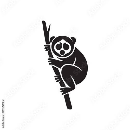 Solid Black Loris Silhouette Clinging to Branch on White Background