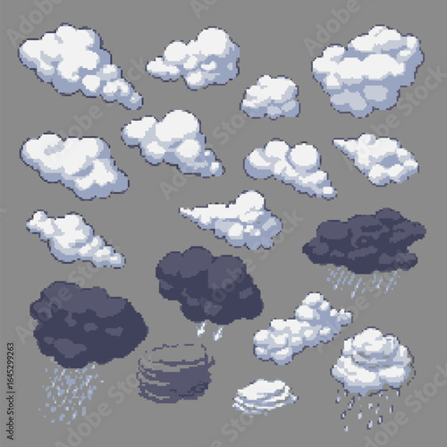 Pixel art cloud collection featuring various weather conditions. 8-bit style sky elements with rain and storm for retro video game assets.