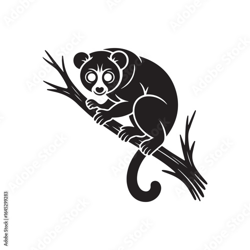 Solid Black Loris Silhouette Clinging to Branch on White Background
