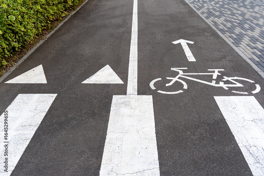 Fototapeta premium Bicycle lane with directional arrows and bicycle symbol on an asphalt surface 